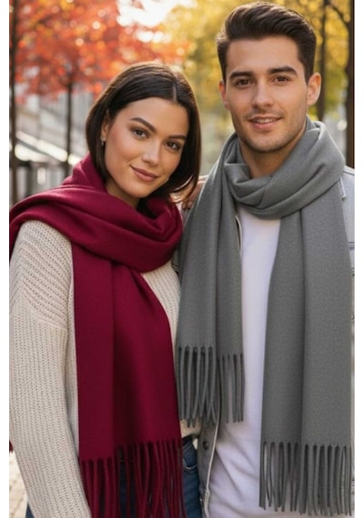 Tezzgelsin Unisex Yumuşak Dokulu Püsküllü Kışlık Buklet Atkı Şal 2'li Set Bordo - Gri