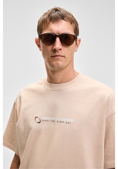 Grimelange MANOL Erkek Bisiklet Yaka %100 Organik Pamuklu Oversize Fit Bej T-Shirt