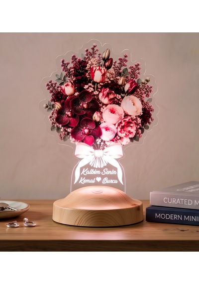 Bordo Orkide Çiçek Buketi Led Lamba - Pudra Buket Kişiye Özel Işıklı Eşe Sevgiliye Yıldönümü Hediyesi Çiçek Lambası Bordo Orkide Buketi