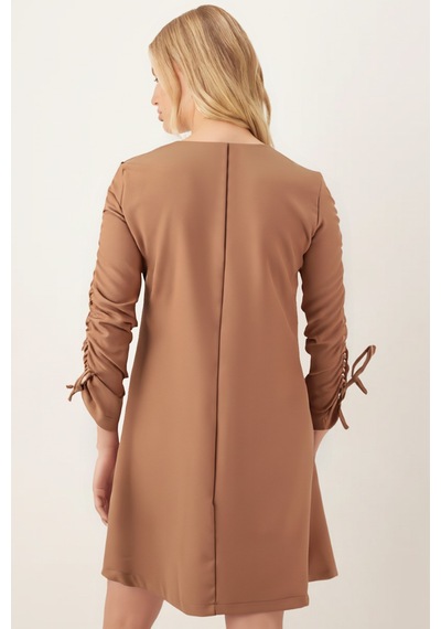 Armonika Kadın Camel Sıfır Yaka Kolları Büzgülü Kulplu Uzun Kol Elbise Arm-26k001033