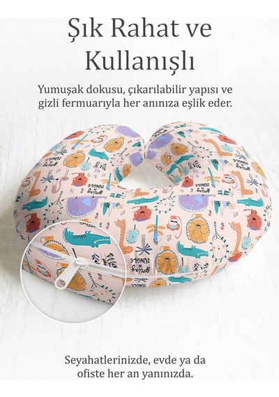 Sevimli Safari Hayvanlar Desenli Boyun Yastığı-pastel Pembe Turkuaz Çocuk & Yetişkin Seyahat Yastığı Pastel Orman Vişne