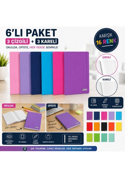 Etika A4 60 Yaprak Pp Kapaklı Tel Dikişli Defter 6'lı Karma Pak Diğer