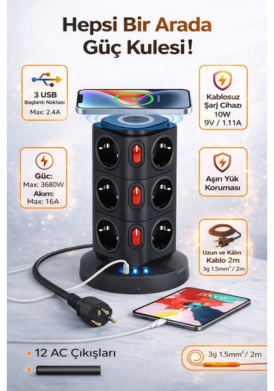 12 Prizli Güç Kulesi Akıllı Priz 3 Usb + Kablosuz Şarj 3680w Yüksek Güç