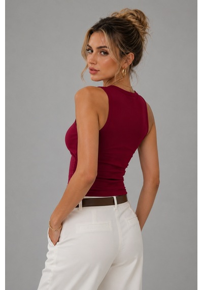 Wild Bee Kadın Bordo Pamuklu Bisiklet Yaka Vücudu Saran Sıfır Kollu Basic Bluz