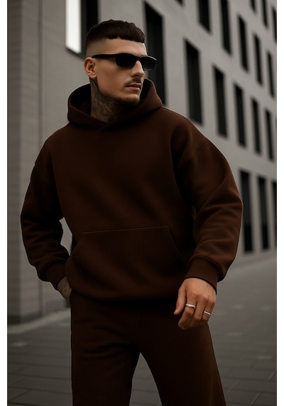 Benroma 3 İplik Penye Kapüşonlu Oversize Sweat Kahverengi
