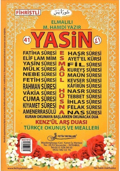 41 Yasin Türkçe Okunuş Ve Mealleri-fihristli Orta Boy-ince-kod: F018 - Elmalılı Muhammed Hamdi Yazır