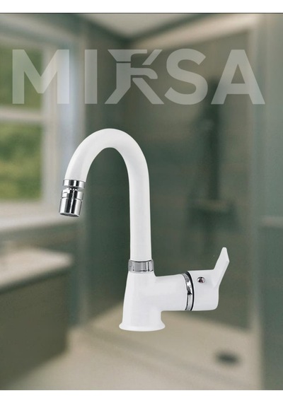 Beyaz-krom Armut Baston Borulu Oynar Başlıklı Perlatörlü Banyo Lavabo Bataryası, Çiftsugirişli