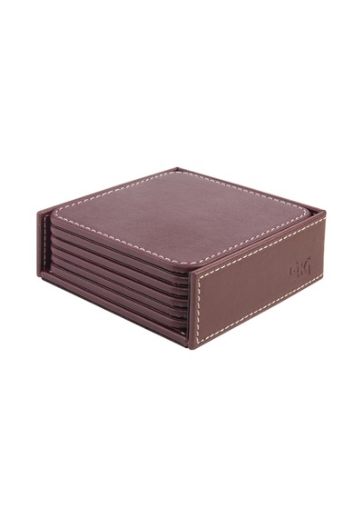 Bardak Altlığı,6 Lı Set,masaüstü Kare Cup Coaster,vegan Suni Deri,11x11 Cm.,bordo