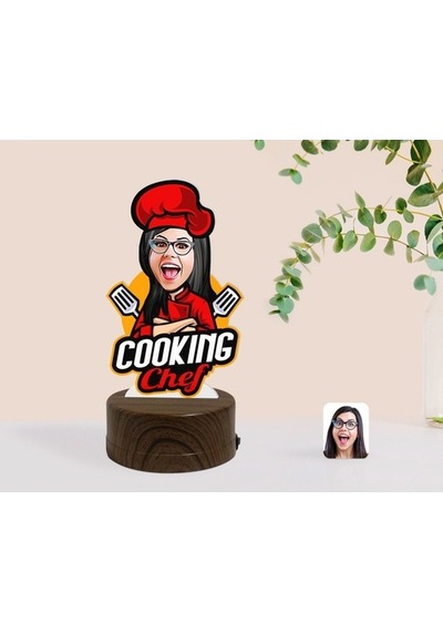Kişiye Özel Kadın Chef Karikatürlü Dekoratif 3D Biblo Led Işıklı (481501217)