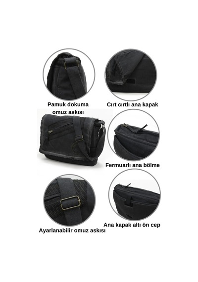 Old Cotton Cargo Vintage Küçük Salaş Unisex Günlük Çapraz Postacı Çantası S Boy 26x20cm Siyah