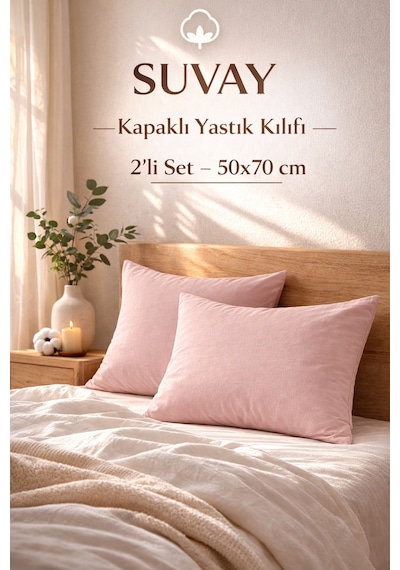 2'li Yastık Kılıfı Pembe Pamuklu Kapaklı 50x70 Cm
