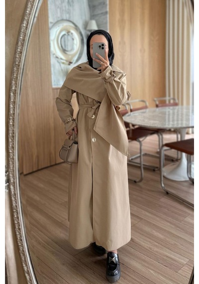 Ka Hijab Şal Detay Maxi Boy Trençkot - Bej