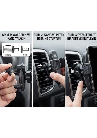 Dexxony Hp-a08 Kancalı Havalandırma Izgara Araç İçi Telefon Tutucu 360 Döner Otomatik Sıkıştırmalı Siyah