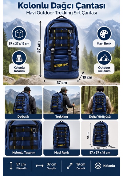 Dağcı Çantası Kolonlu Mavi Outdoor Trekking Sırt Çantası 57x37x19 Cm Desenli