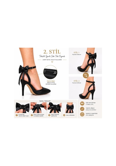 Craft Moda Kadın Arkası Açık Fiyonklu Stiletto Çıkarılabilir Fiyonk Detaylı İnce Topuklu Abiye Ayakkabı Siyah