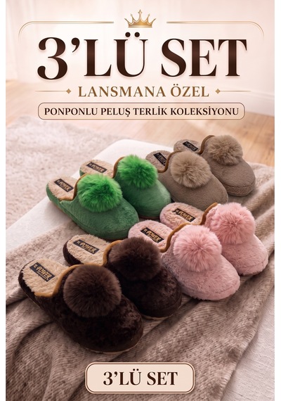 Stwenn 3 Lü Avantajlı Paket Kışlık Peluş Desenli Sessiz Ortopedik Taban Çeyiz Misafir Ev Terliği Set 3'lü Celsi