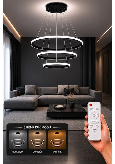 Rizon 3 Lü Led Sarkıt Avize 3 Renk Kumandalı Siyah