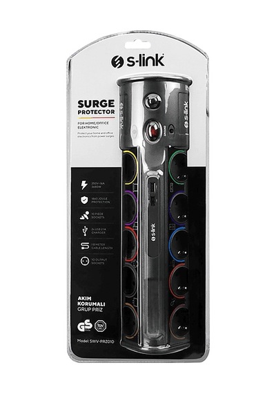 S-lınk Prz01 Prizhive 3m 1860 Joule 1.5mm 1 Usb 1 Typec 2.1a/5v 16a 250v 3680w 10'lu Akım Korumalı Priz Siyah