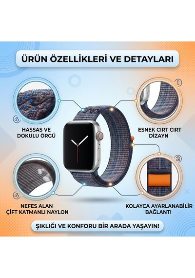 Caseonn Apple Watch Uyumlu Ultra Kordon Dikişli Spor Cırtlı Kumaş Kayış Siyah