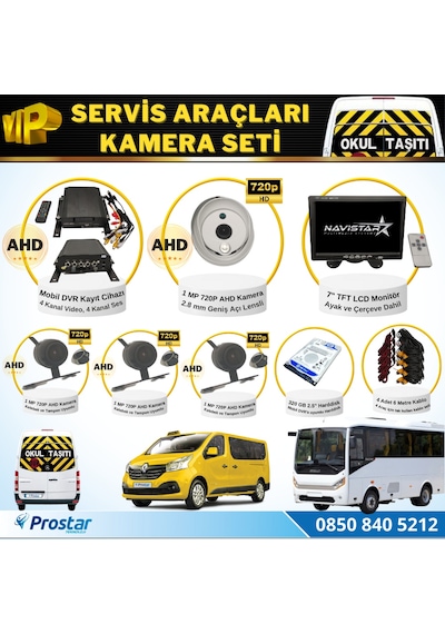 Okul Servis Kamera Seti 4 Kameralı 7" Monitör 4 Kameralı 320 GB