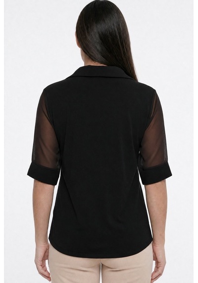 By Saygı Kadın Polo Yaka Kristal Düğme Detaylı Kolları Tül Büyük Beden Likralı Bluz Siyah