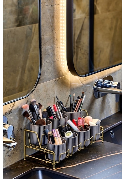 Edora Home Çok Amaçlı Gold Makyaj Organizer, Banyo Düzenleyici - 7 Bölmeli Metal Gold