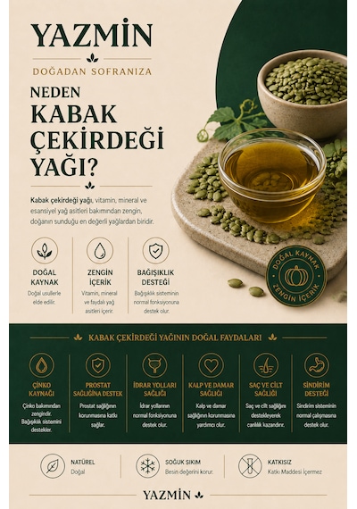Yazmin Kabak Çekirdeği Yağı 250 Ml Cam Şişe Soğuk Sıkım %100 Saf Doğal Kabak Çekirdeği Yağı