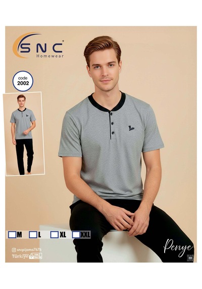 Miressa Erkek Düğmeli Pijama Takımı Gri - Siyah