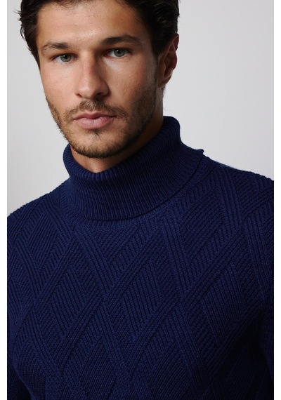 Tudors Slim Fit Dar Kesim Tam Balıkçı Yaka Desenli Sax Mavi Erkek Triko Triko Kazak-29719-sax Mavi Saks