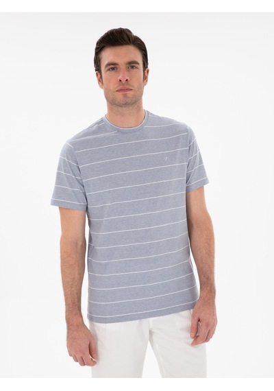 Beyaz Regular Fit Bisiklet Yaka Çizgili T-shirt Mavi