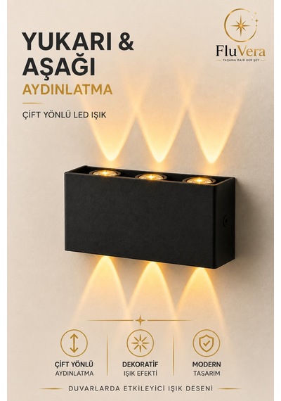Pilli Amber 12w 3 Led Çift Taraflı Siyah Duvar Aplik Dekoratif Led Aydınlatma İç Dış Mekan Siyah