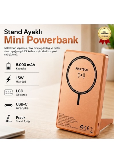 5.000mah Lcd Ekranlı Standlı Mini Powerbank 15w Hızlı Şarj, Usb-c Giriş/çıkış, Telefon Tutuculu-1657 Siyah