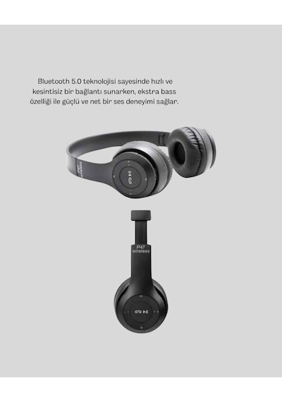 Bluetooth 5.0 Kablosuz Kulaklık Extra Bass, Tf Kart Desteği, 3.5mm Aux Girişli