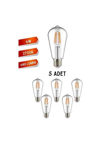 K2 Kes505 Led Filament Ampul 6w E27 Duy Günışığı - 5 Li Paket