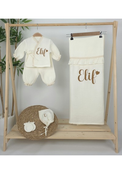 Gros Shop Müslin Yeni Doğan 4katlı Organik %100pamuk Kişiye Özgü Nakışlı Hastane Çıkış Seti Kalpli Model-8 Ekru-2
