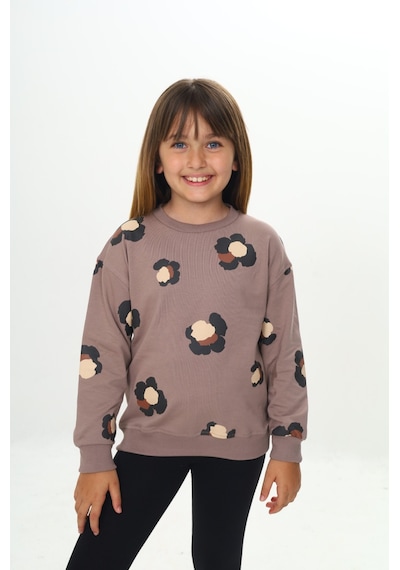 Toontoy Kız Çocuk Pano Baskılı Sweatshirt Koyu Kahverengi