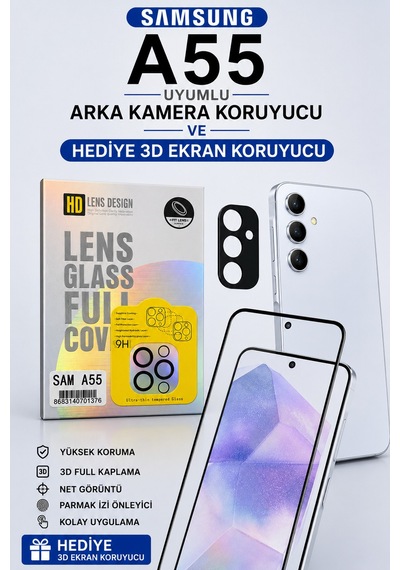 Samsung A55 Uyumlu Arka Kamera Koruyucu+ Full Ekran Koruyucu Seti Si Yah