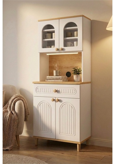 Barista Led Aydınlatmalı Kahve Köşesi Dolabı Retro Büfe 195cm Mdf Krem