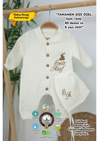 Gros Shop Müslin Yeni Doğan 4katlı Organik %100pamuk Kişiye Özgü Nakışlı Hastane Çıkış Seti Kurt Model-1 Ekru-3