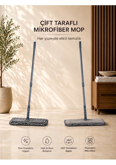 Çift Taraflı Mikrofiber Makarna Mop 360 Döner Başlıklı Islak Kuru Temizlik Mopu Yıkanabilir Bezli Vıchy-7029 40cm Hare