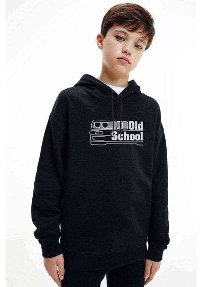 Tshirthane Araba Old School Baskılı Unisex Çocuk Kapüşonlu Siyah Sweatshirt Siyah