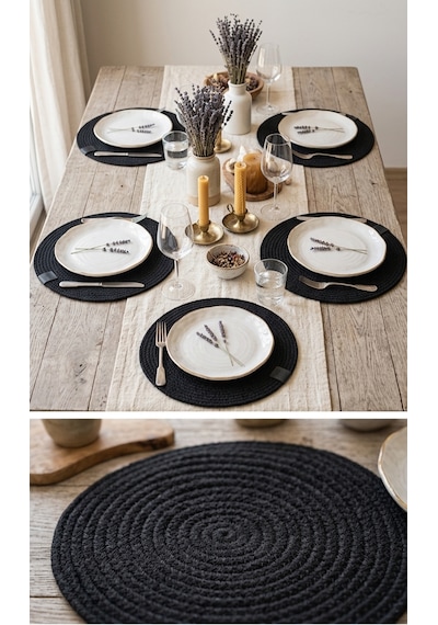 6 Lı Gri Makrome Supla Takımı 32 Cm - Lüks Örgü Amerikan Servis & Tabak Altlığı Siyah