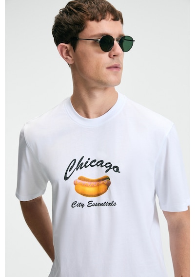 Grimelange CRISP Erkek Oversize %100 Pamuk Baskılı Yuvarlak Yaka Beyaz T-Shirt
