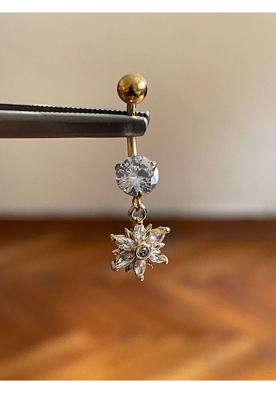 316 L Cerrahi Çelik Baget Taşlı Kasımpatı Göbek Piercingi Baget Taşlı Çiçek Piercing Sarı