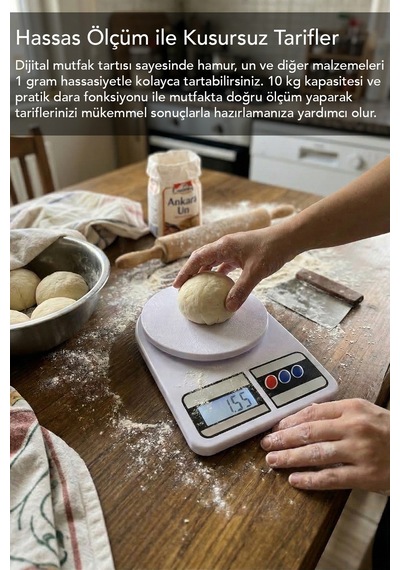 Hassas Mutfak Tartısı - 10kg Mutfak Terazisi Hassas Ölçüm Lcd Diijital Ekran Pil Hediyeli Beyaz