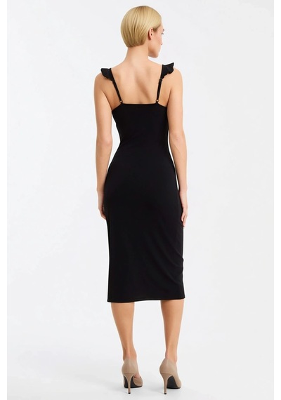 Benerly Kadın Maxi Bodycon V Yaka Kolsuz Volanlı Askılı Astarlı Esnek Örm Siyah