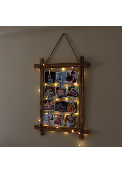 Ahşap Çerçeve Fotoğraf Çerçevesi Led Işıklı Ipli Renkli Mandallı Kahverengi