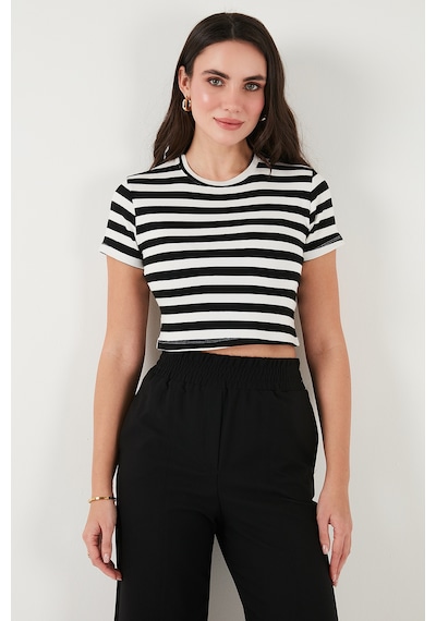 Lela Slim Fit Bisiklet Yaka Çizgili Crop Bayan T Shirt 5866110 Siyah