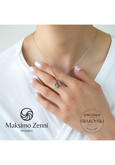 Swarovski Tek Taş Kadın Kalp London Blue Gümüş Kolye