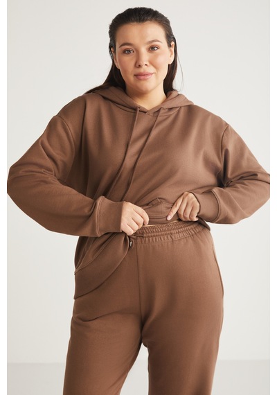 ETHIQUET TEREZABB Kadın Içi Polarlı Yumuşacık Comfort Fit Kapüşonlu Kanguru Cep Kahverengi Büyük Beden Sweatshirt